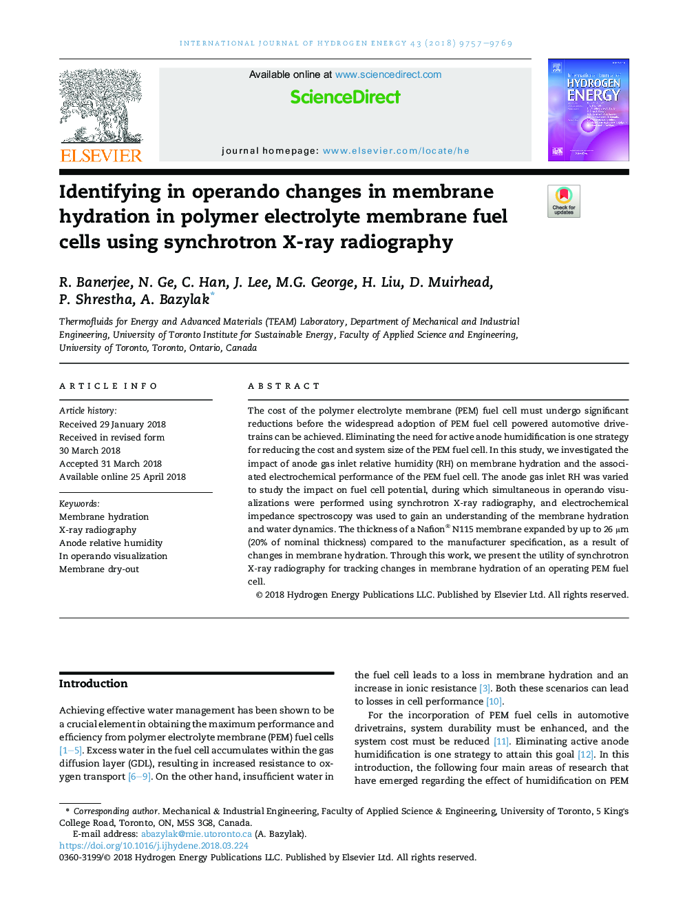 Identifying in operando changes in membrane hydration in polymer electrolyte membrane fuel cells using synchrotron X-ray radiography