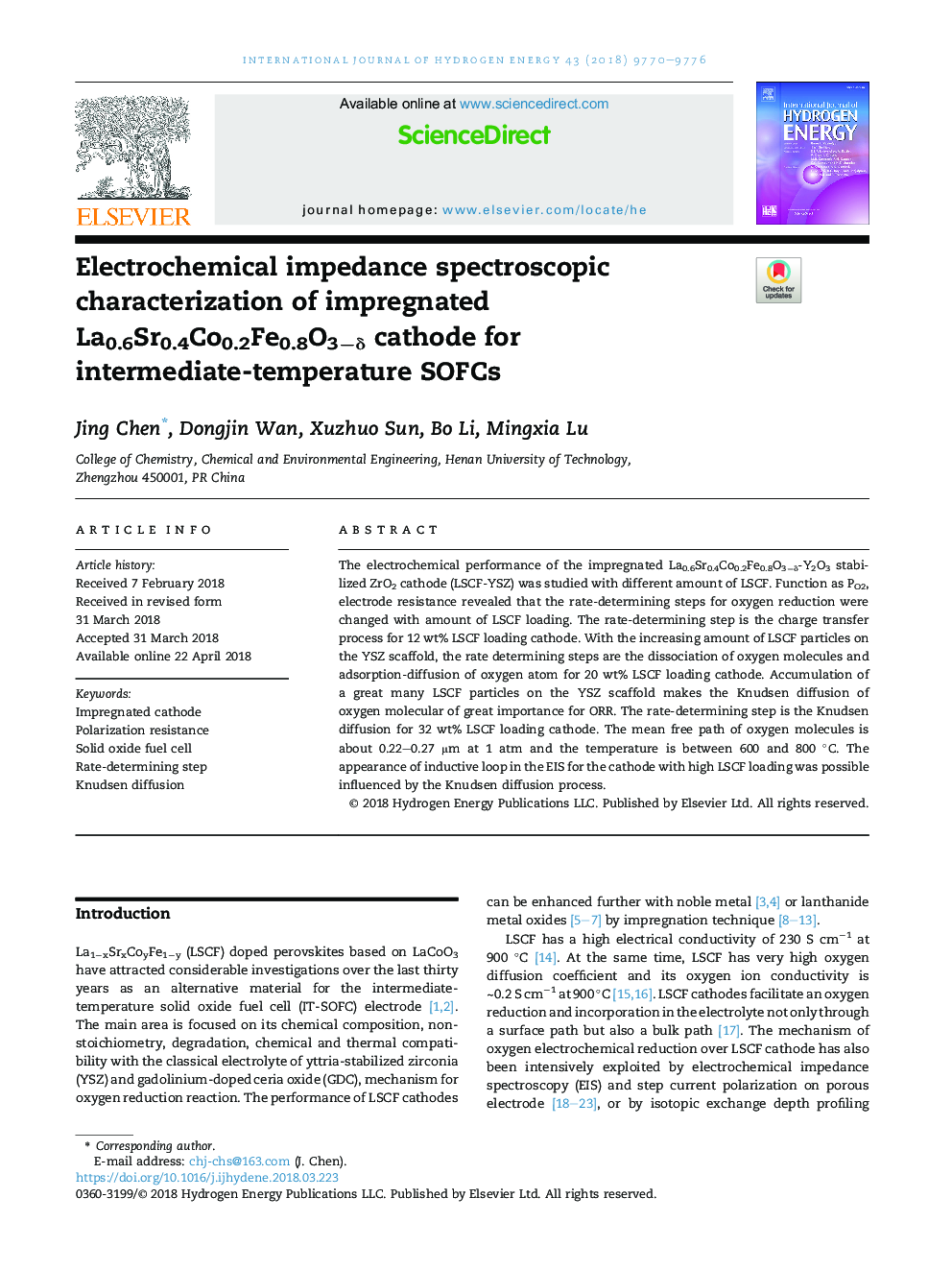 Electrochemical impedance spectroscopic characterization of impregnated La0.6Sr0.4Co0.2Fe0.8O3âÎ´ cathode for intermediate-temperature SOFCs