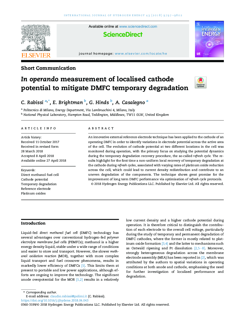 In operando measurement of localised cathode potential to mitigate DMFC temporary degradation