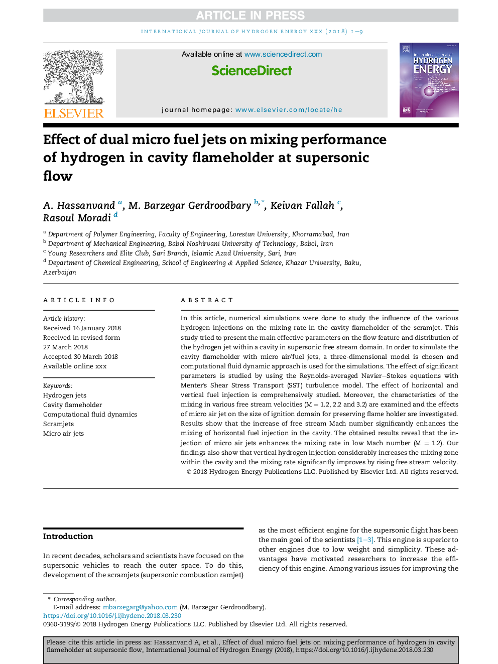 Effect of dual micro fuel jets on mixing performance of hydrogen in cavity flameholder at supersonic flow