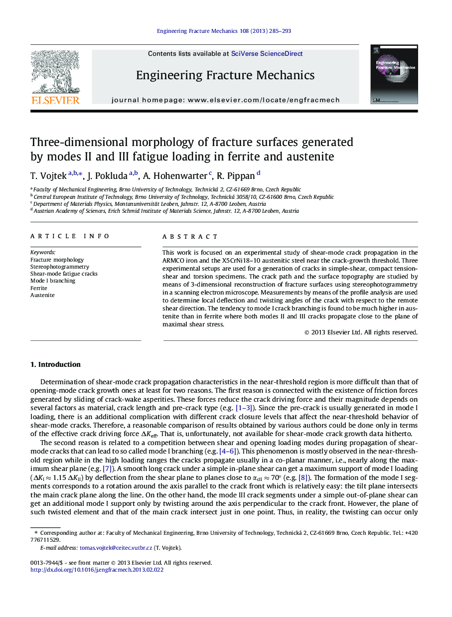 Three-dimensional morphology of fracture surfaces generated by modes II and III fatigue loading in ferrite and austenite