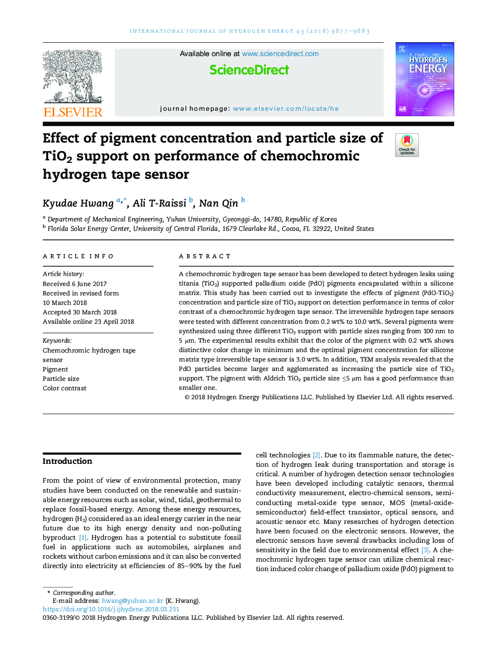 Effect of pigment concentration and particle size of TiO2 support on performance of chemochromic hydrogen tape sensor