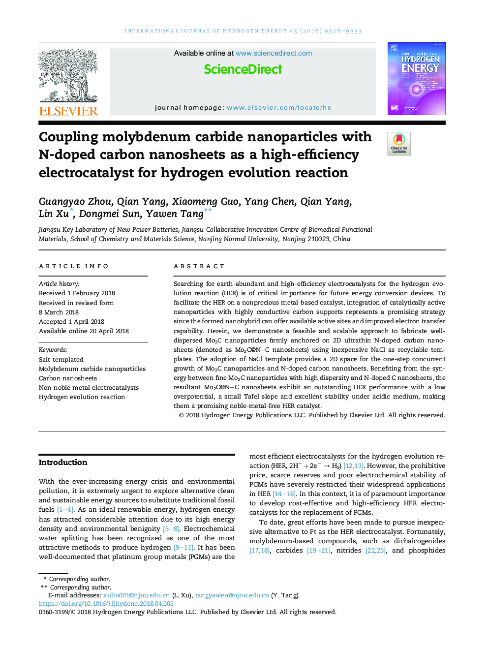 Coupling molybdenum carbide nanoparticles with N-doped carbon nanosheets as a high-efficiency electrocatalyst for hydrogen evolution reaction