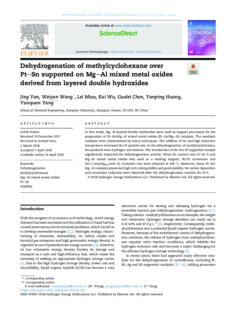 Dehydrogenation of methylcyclohexane over PtSn supported on MgAl mixed metal oxides derived from layered double hydroxides