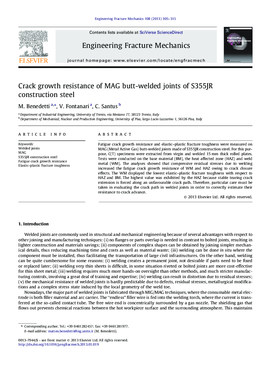 Crack growth resistance of MAG butt-welded joints of S355JR construction steel