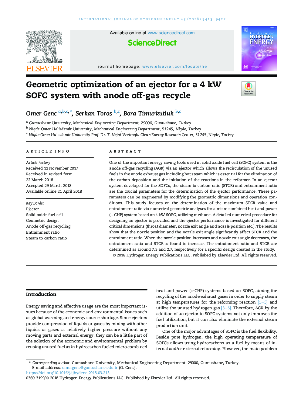 Geometric optimization of an ejector for a 4Â kW SOFC system with anode off-gas recycle