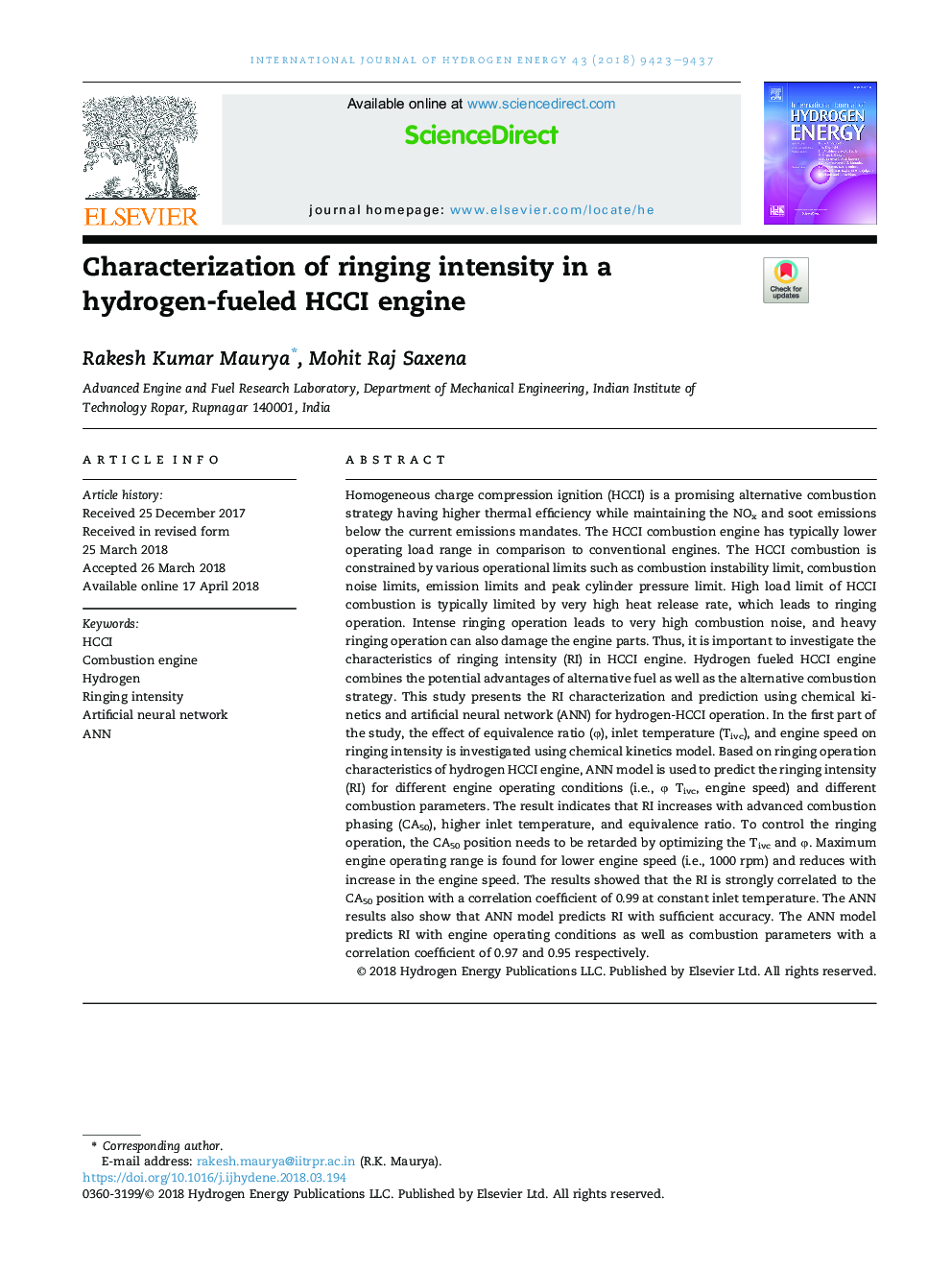 Characterization of ringing intensity in a hydrogen-fueled HCCI engine