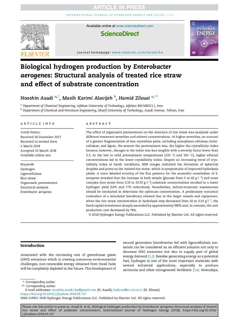 Biological hydrogen production by Enterobacter aerogenes: Structural analysis of treated rice straw and effect of substrate concentration