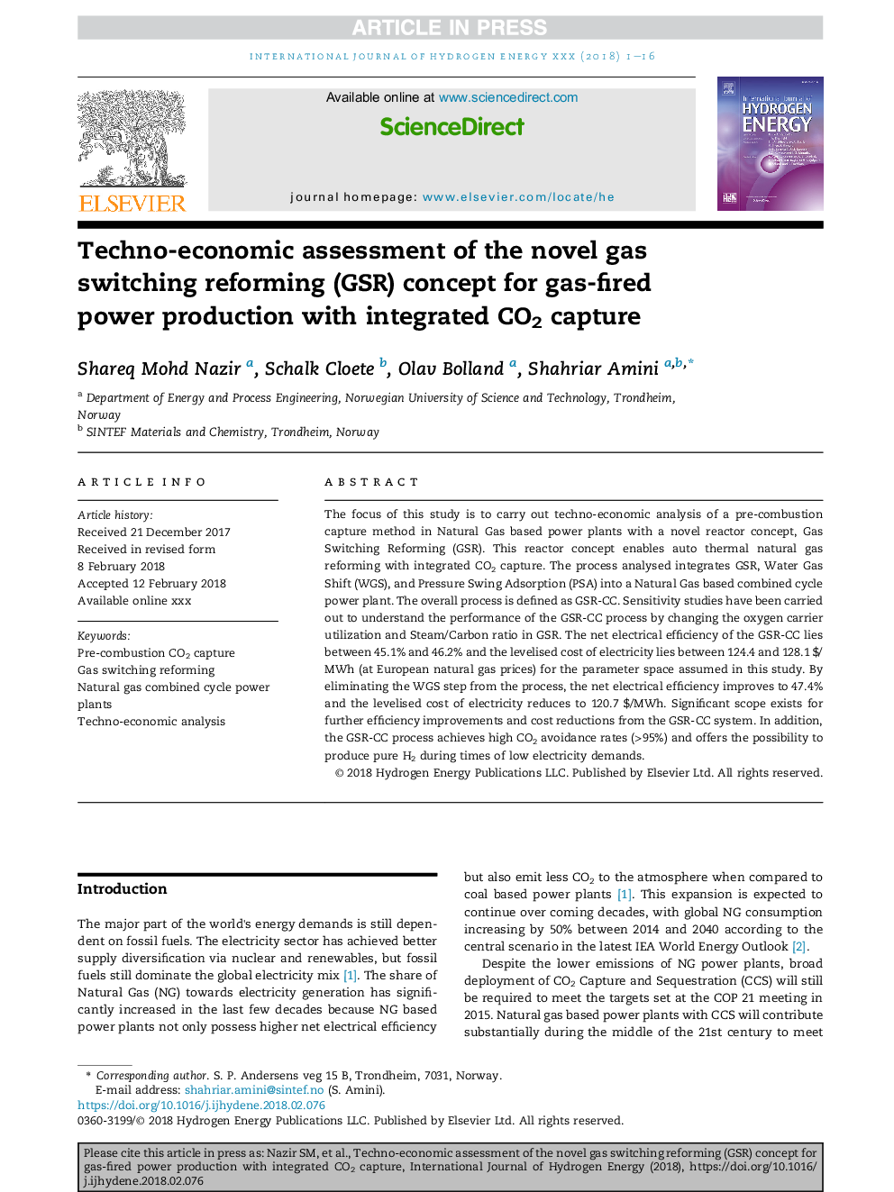 Techno-economic assessment of the novel gas switching reforming (GSR) concept for gas-fired power production with integrated CO2 capture