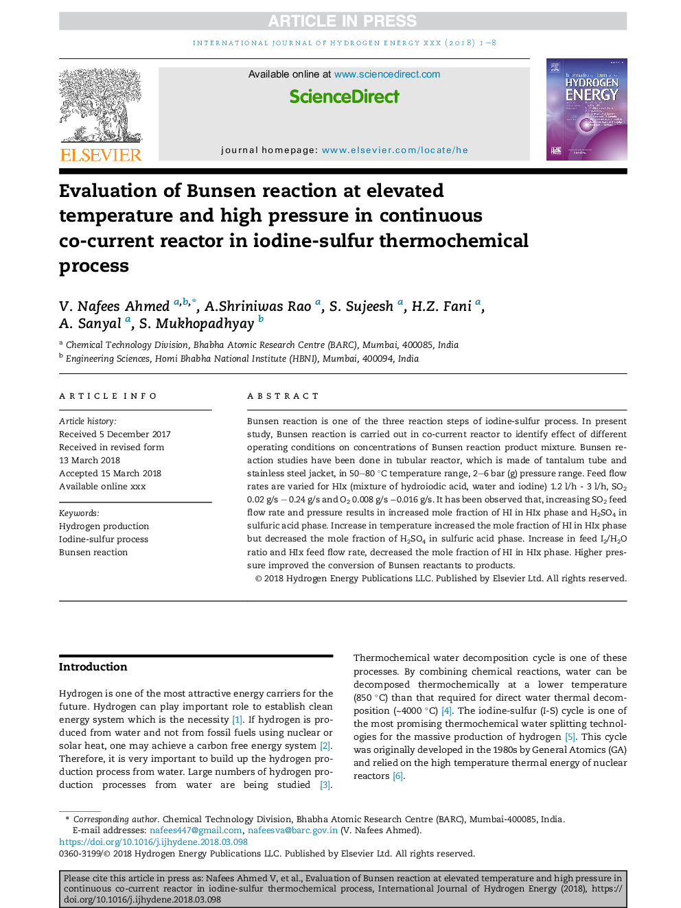 Evaluation of Bunsen reaction at elevated temperature and high pressure in continuous co-current reactor in iodine-sulfur thermochemical process