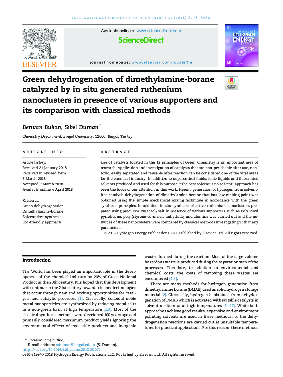 Green dehydrogenation of dimethylamine-borane catalyzed by in situ generated ruthenium nanoclusters in presence of various supporters and its comparison with classical methods