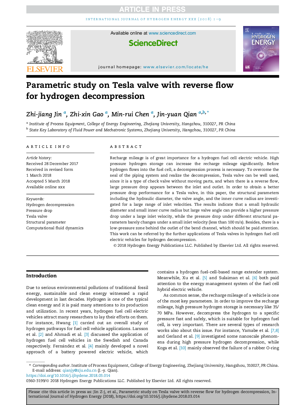 Parametric study on Tesla valve with reverse flow for hydrogen decompression