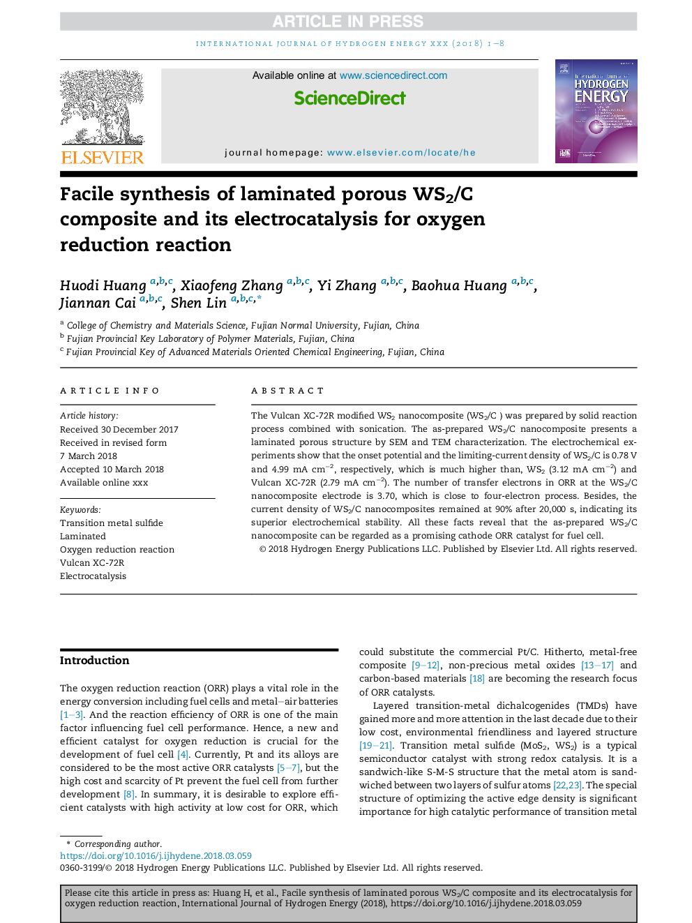 Facile synthesis of laminated porous WS2/C composite and its electrocatalysis for oxygen reduction reaction