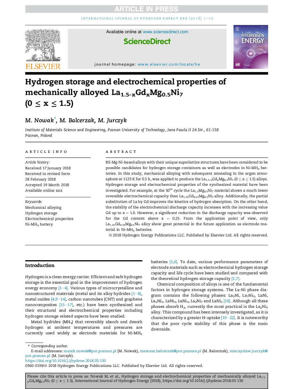 Hydrogen storage and electrochemical properties of mechanically alloyed La1.5-xGdxMg0.5Ni7 (0Â â¤Â xÂ â¤Â 1.5)