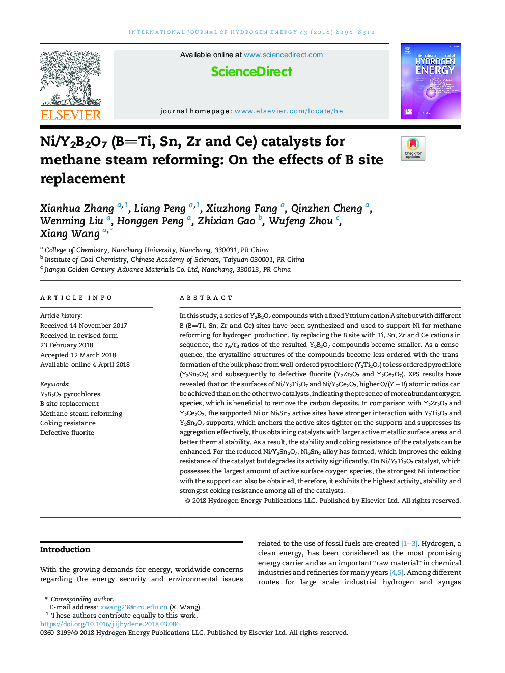 Ni/Y2B2O7 (BTi, Sn, Zr and Ce) catalysts for methane steam reforming: On the effects of B site replacement