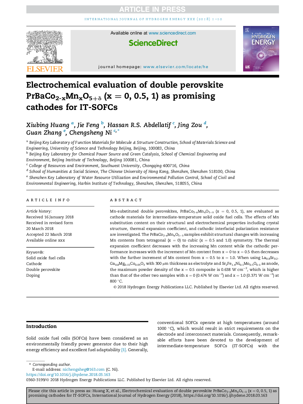 Electrochemical evaluation of double perovskite PrBaCo2-xMnxO5+Î´ (xÂ =Â 0, 0.5, 1) as promising cathodes for IT-SOFCs