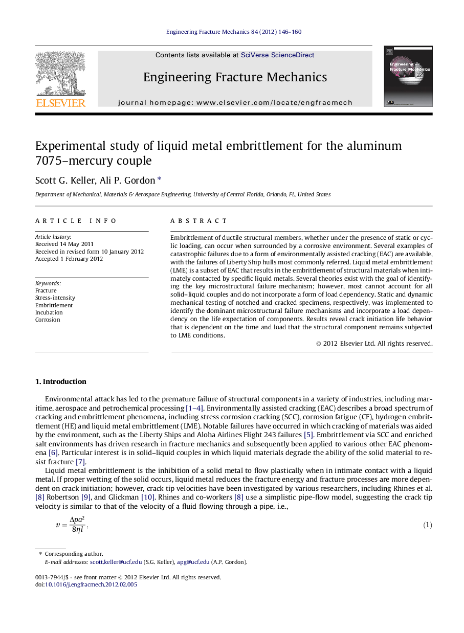 Experimental study of liquid metal embrittlement for the aluminum 7075–mercury couple