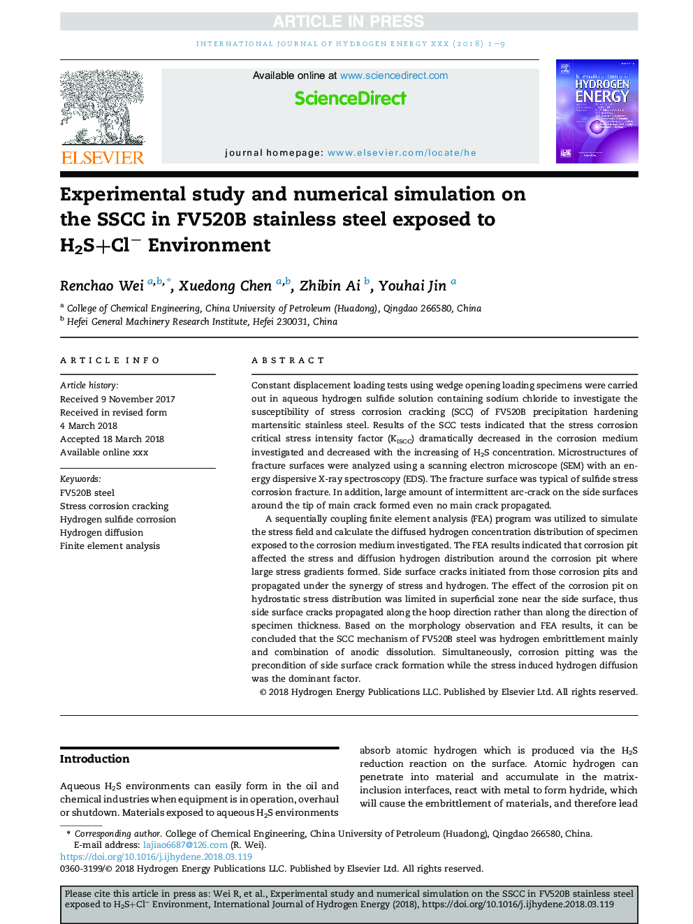 Experimental study and numerical simulation on the SSCC in FV520B stainless steel exposed to H2S+Clâ Environment