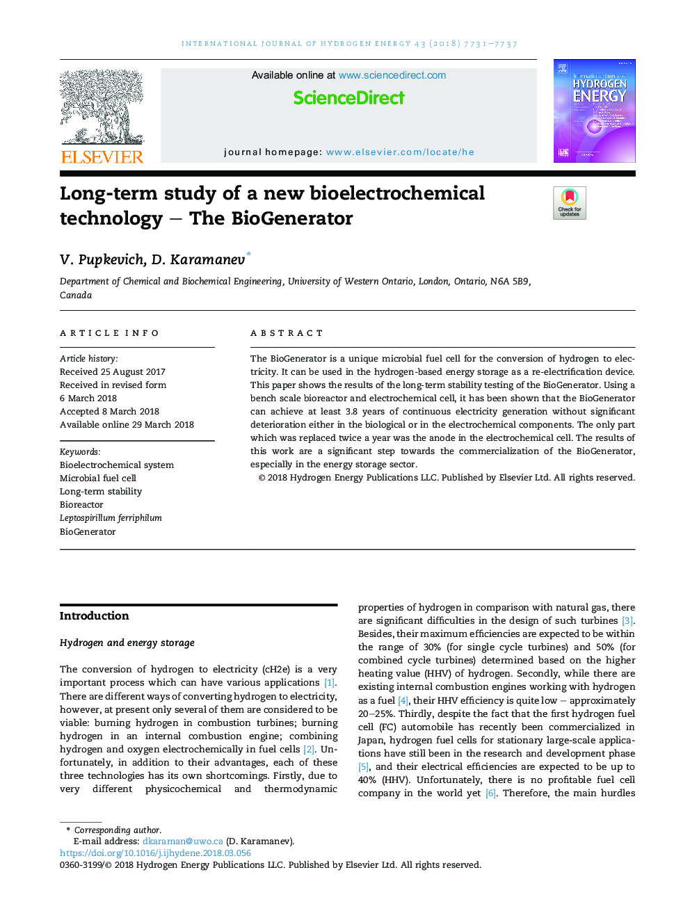 Long-term study of a new bioelectrochemical technology - The BioGenerator