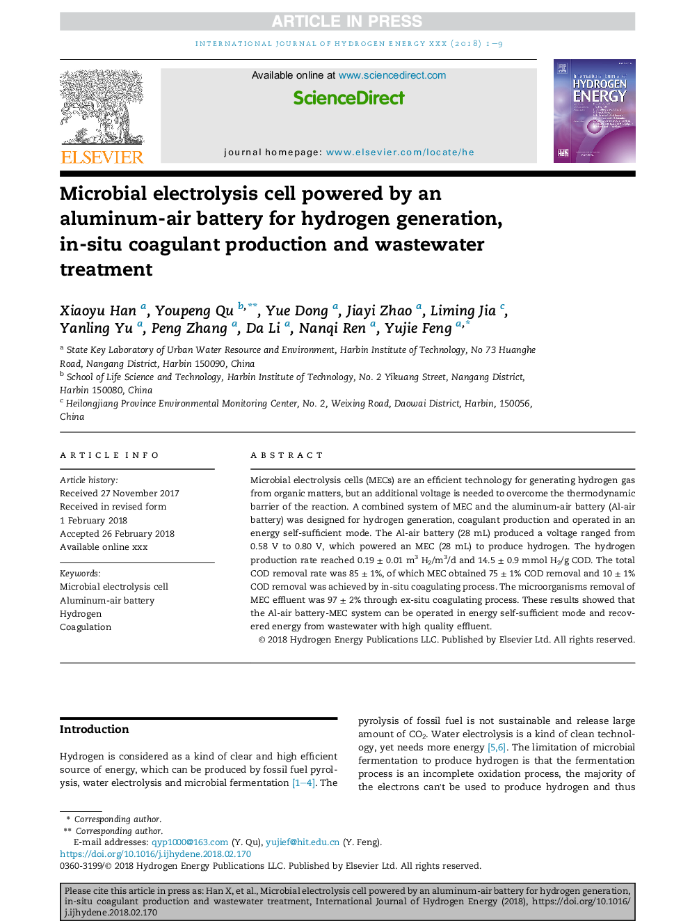 Microbial electrolysis cell powered by an aluminum-air battery for hydrogen generation, in-situ coagulant production and wastewater treatment