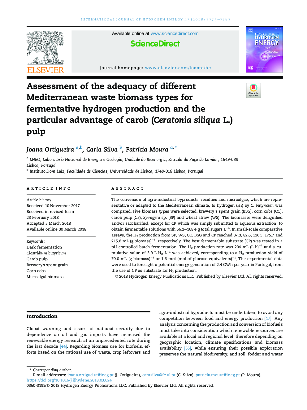 Assessment of the adequacy of different Mediterranean waste biomass types for fermentative hydrogen production and the particular advantage of carob (Ceratonia siliqua L.) pulp