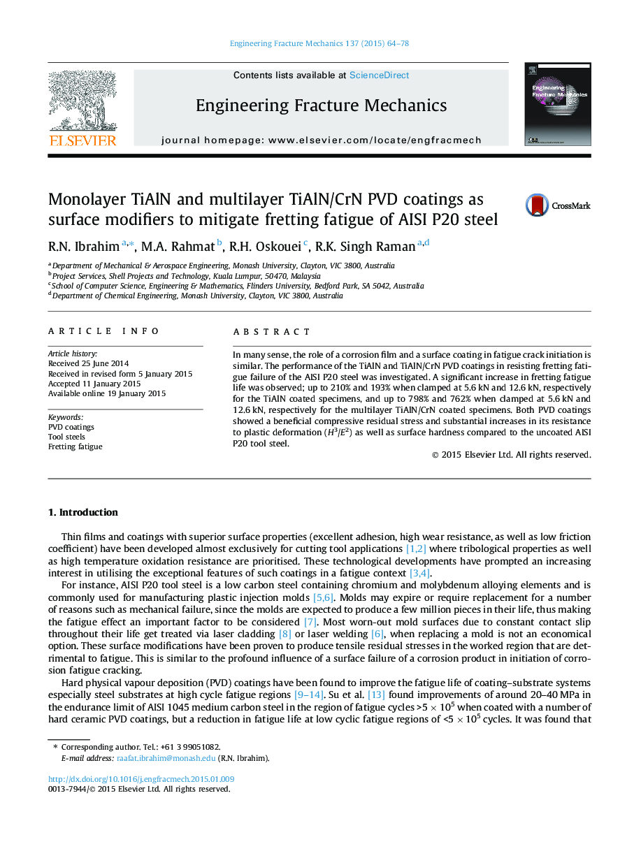 Monolayer TiAlN and multilayer TiAlN/CrN PVD coatings as surface modifiers to mitigate fretting fatigue of AISI P20 steel