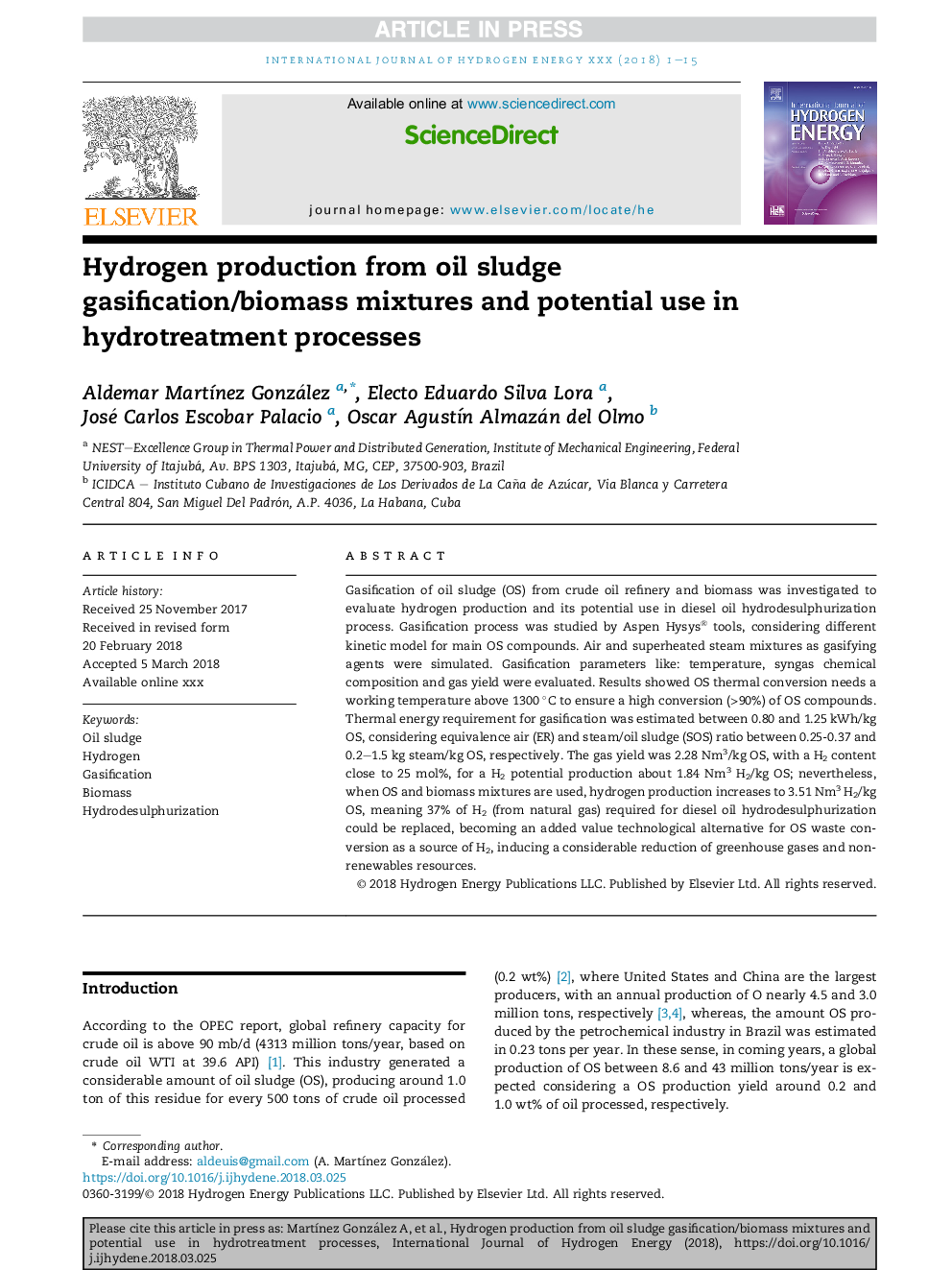 Hydrogen production from oil sludge gasification/biomass mixtures and potential use in hydrotreatment processes