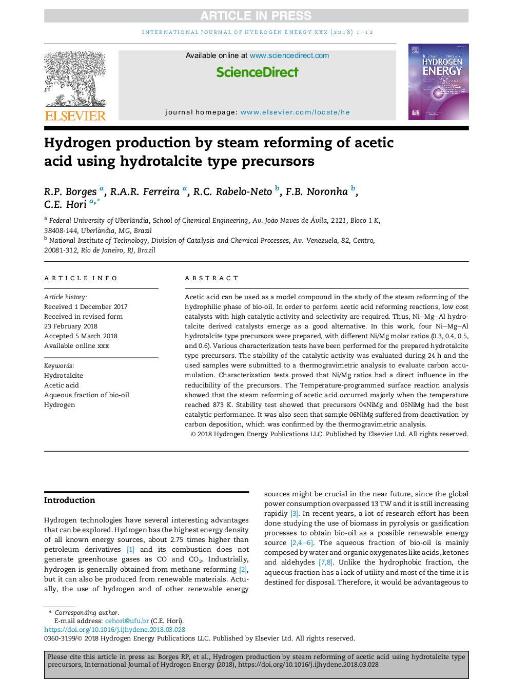 Hydrogen production by steam reforming of acetic acid using hydrotalcite type precursors