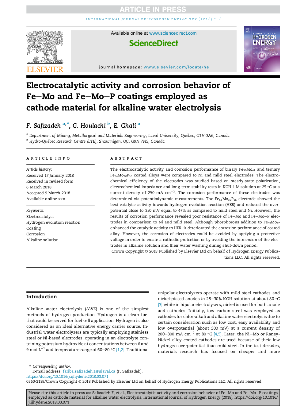 Electrocatalytic activity and corrosion behavior of FeMo and FeMoP coatings employed as cathode material for alkaline water electrolysis