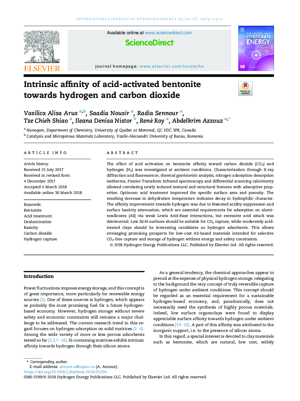 Intrinsic affinity of acid-activated bentonite towards hydrogen and carbon dioxide