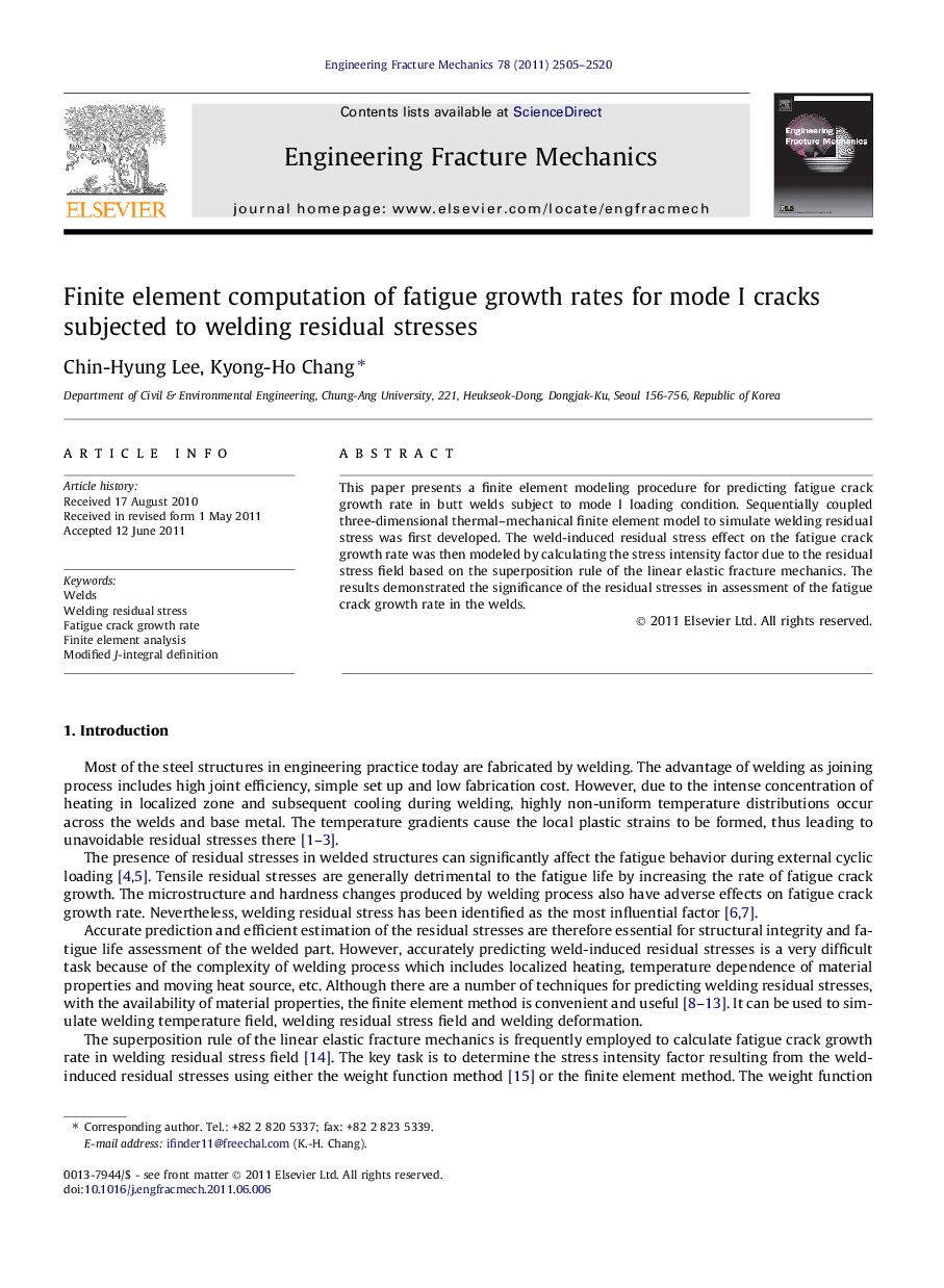 Finite element computation of fatigue growth rates for mode I cracks subjected to welding residual stresses