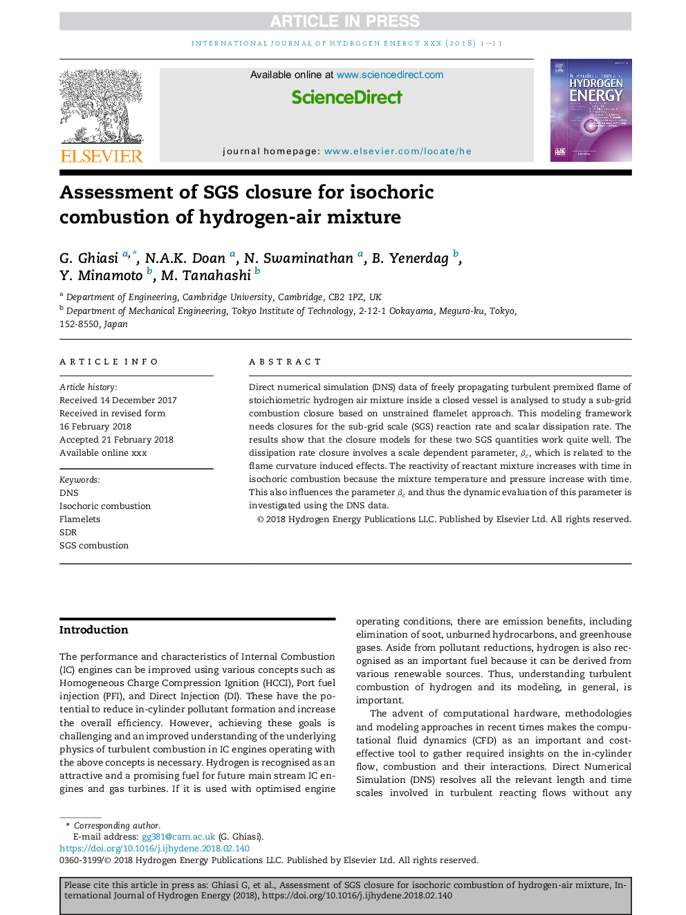 Assessment of SGS closure for isochoric combustion of hydrogen-air mixture