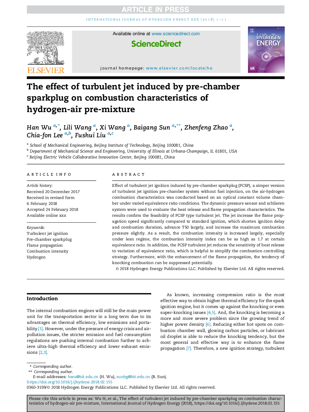 The effect of turbulent jet induced by pre-chamber sparkplug on combustion characteristics of hydrogen-air pre-mixture