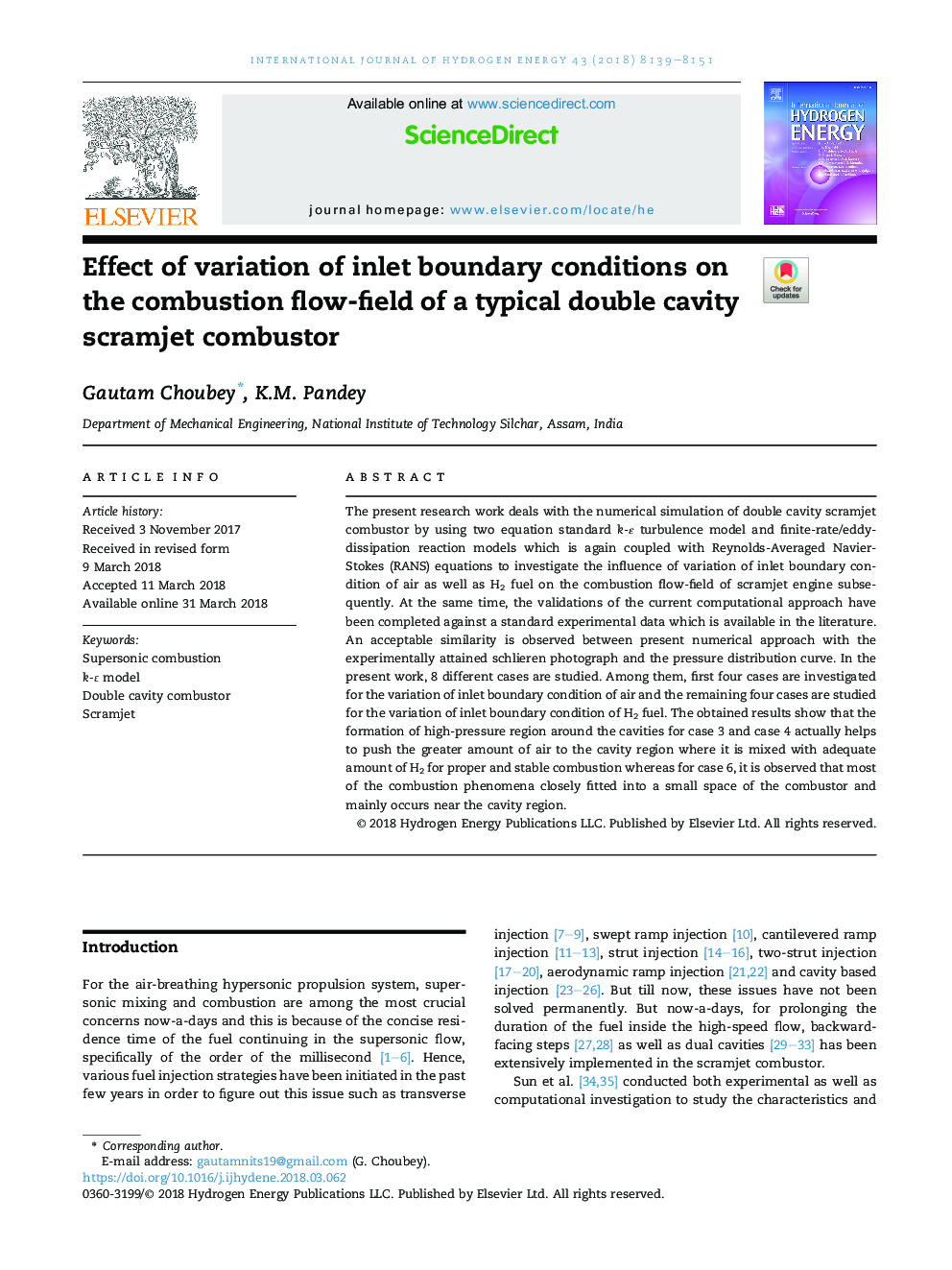 Effect of variation of inlet boundary conditions on the combustion flow-field of a typical double cavity scramjet combustor