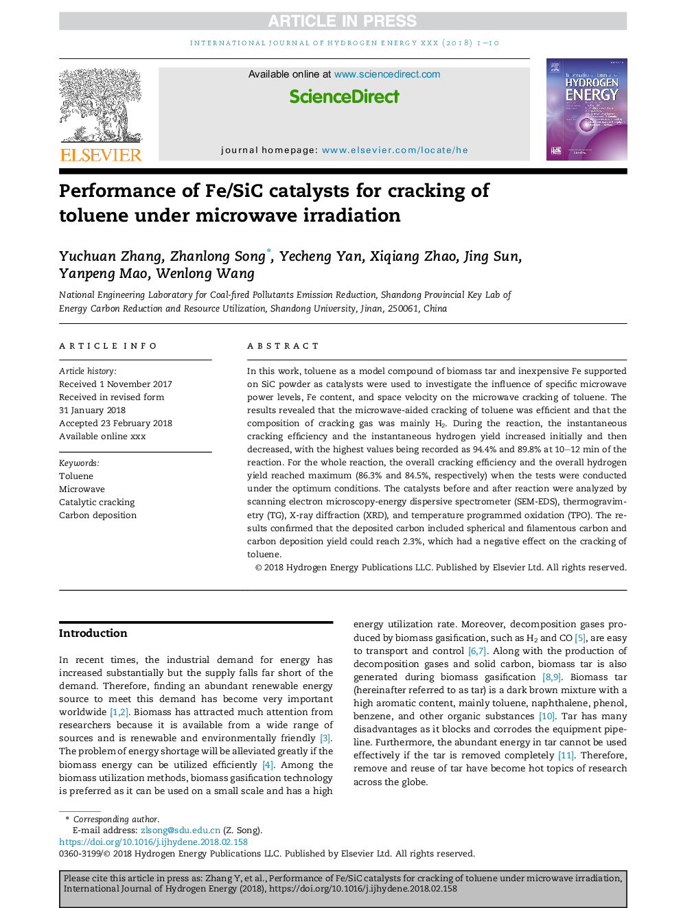 Performance of Fe/SiC catalysts for cracking of toluene under microwave irradiation