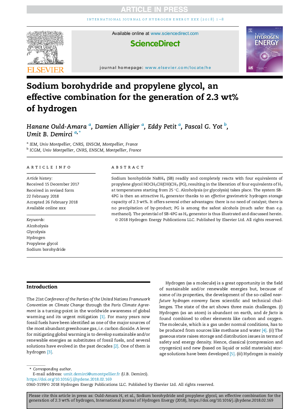 Sodium borohydride and propylene glycol, an effective combination for the generation of 2.3Â wt% of hydrogen