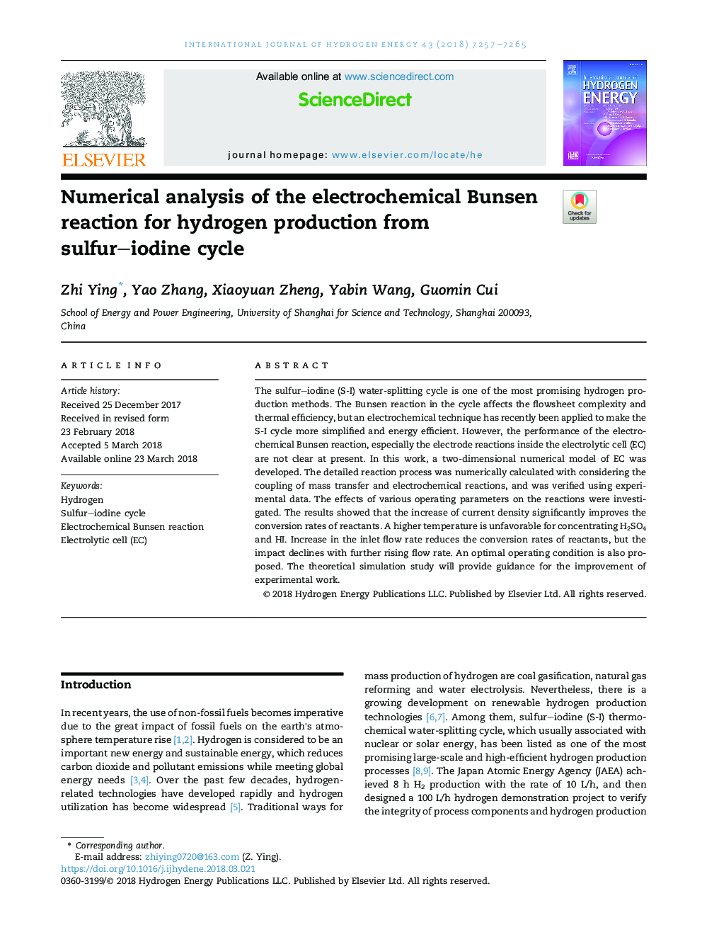 Numerical analysis of the electrochemical Bunsen reaction for hydrogen production from sulfur-iodine cycle