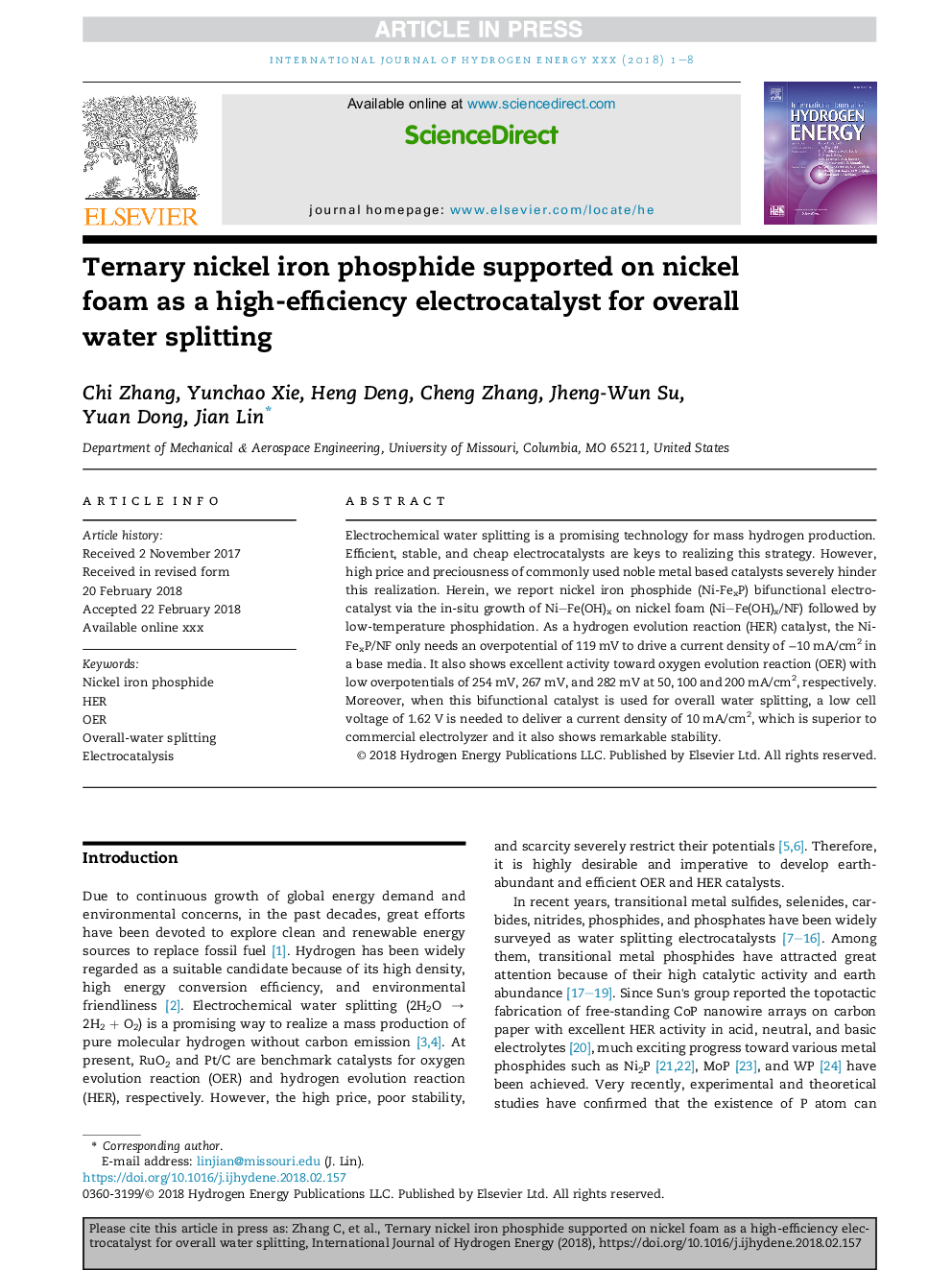 Ternary nickel iron phosphide supported on nickel foam as a high-efficiency electrocatalyst for overall water splitting