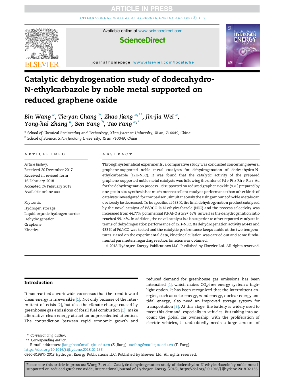 Catalytic dehydrogenation study of dodecahydro-N-ethylcarbazole by noble metal supported on reduced graphene oxide