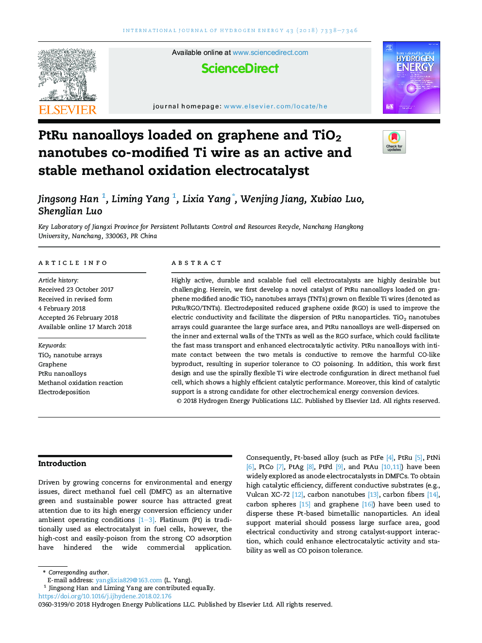 PtRu nanoalloys loaded on graphene and TiO2 nanotubes co-modified Ti wire as an active and stable methanol oxidation electrocatalyst