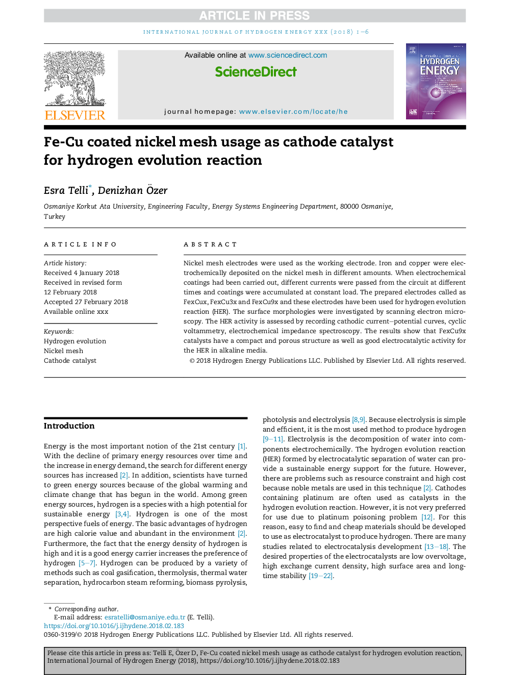 Fe-Cu coated nickel mesh usage as cathode catalyst for hydrogen evolution reaction