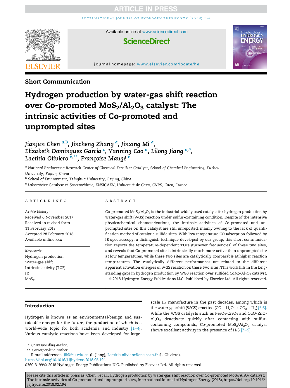 Hydrogen production by water-gas shift reaction over Co-promoted MoS2/Al2O3 catalyst: The intrinsic activities of Co-promoted and unprompted sites