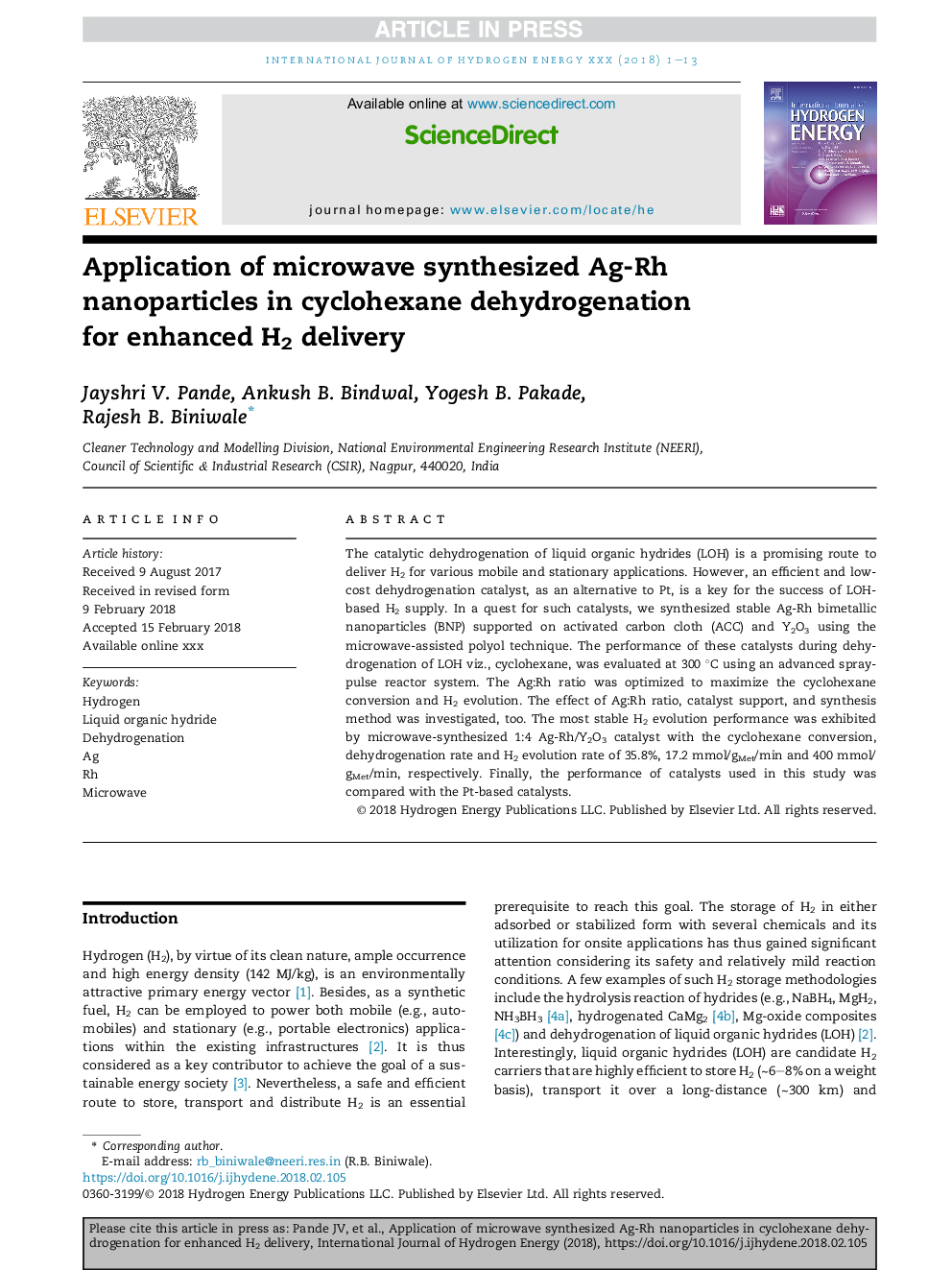 Application of microwave synthesized Ag-Rh nanoparticles in cyclohexane dehydrogenation for enhanced H2 delivery