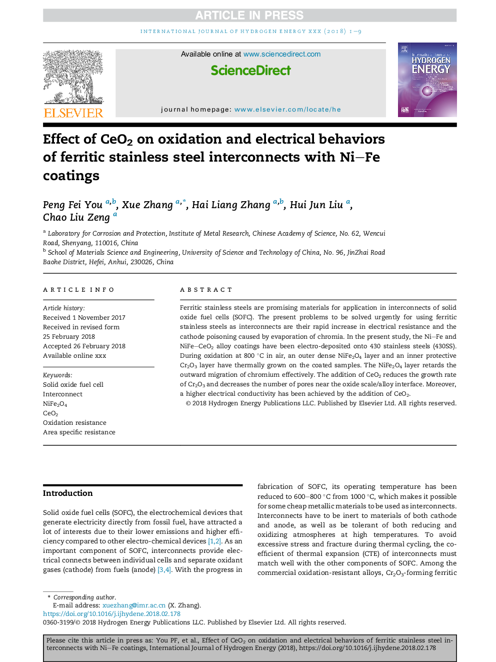 Effect of CeO2 on oxidation and electrical behaviors of ferritic stainless steel interconnects with NiFe coatings