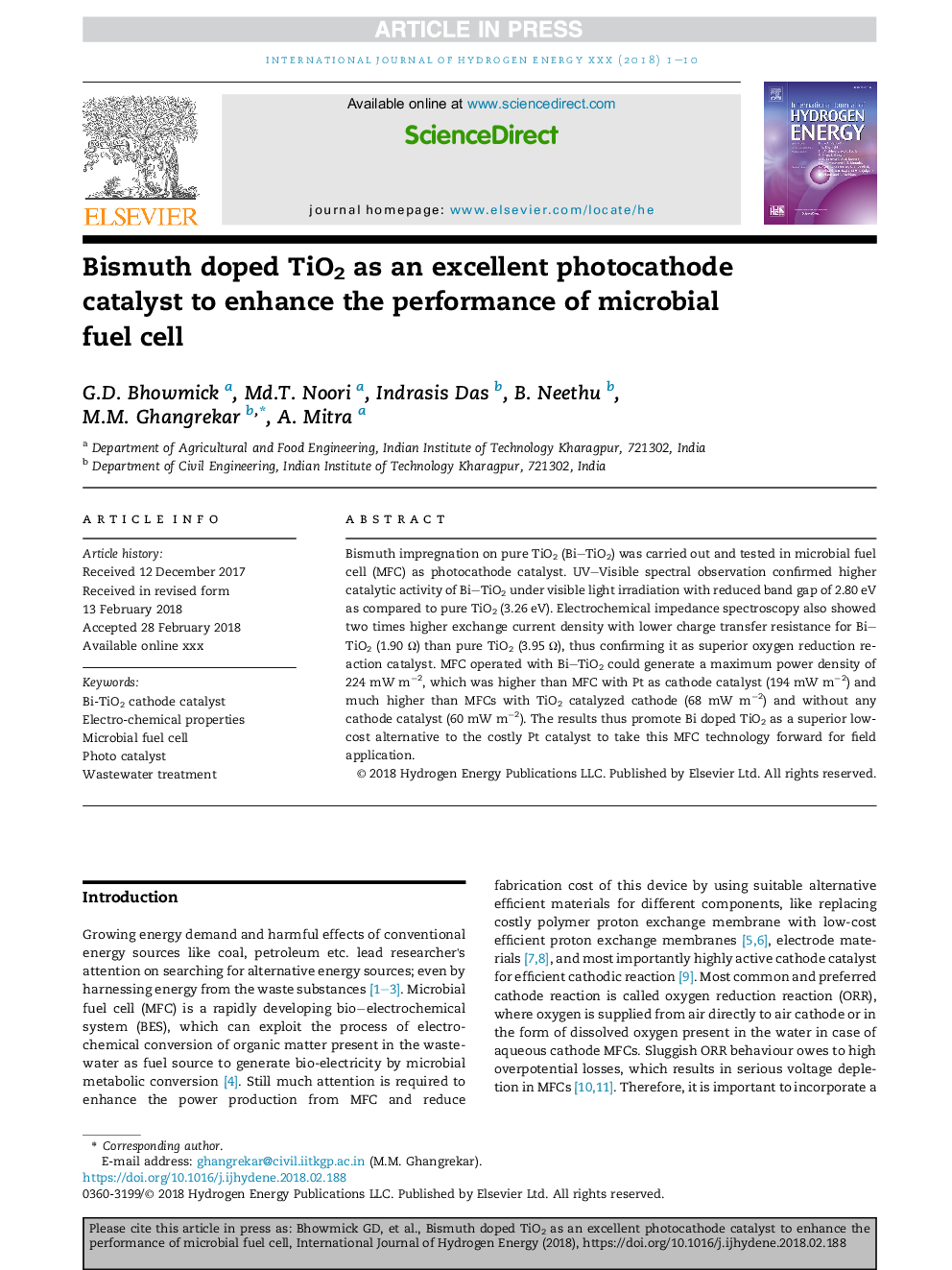 Bismuth doped TiO2 as an excellent photocathode catalyst to enhance the performance of microbial fuel cell