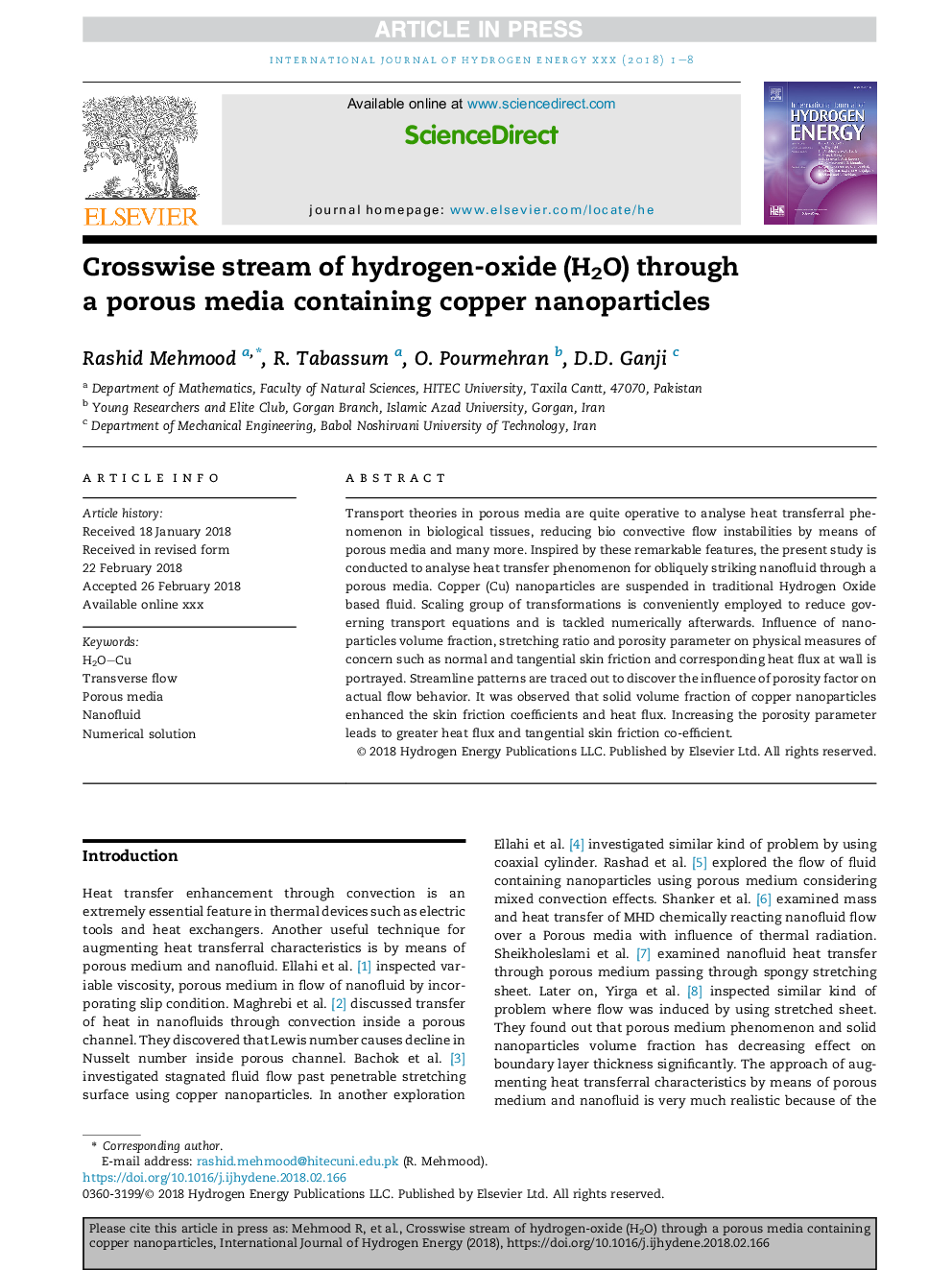 Crosswise stream of hydrogen-oxide (H2O) through a porous media containing copper nanoparticles