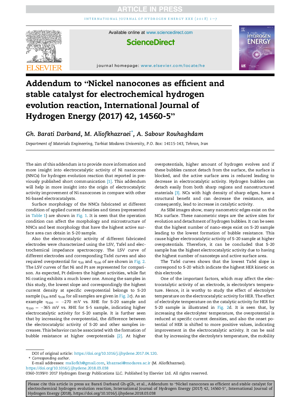 Addendum to “Nickel nanocones as efficient and stable catalyst for electrochemical hydrogen evolution reaction, International Journal of Hydrogen Energy (2017) 42, 14560-5”