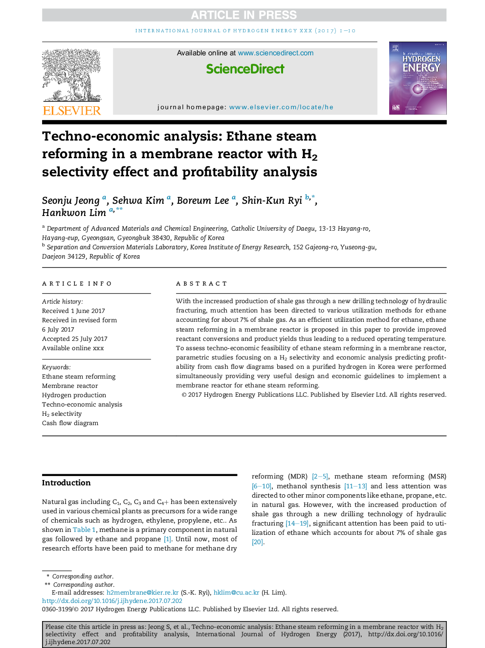 Techno-economic analysis: Ethane steam reforming in a membrane reactor with H2 selectivity effect and profitability analysis