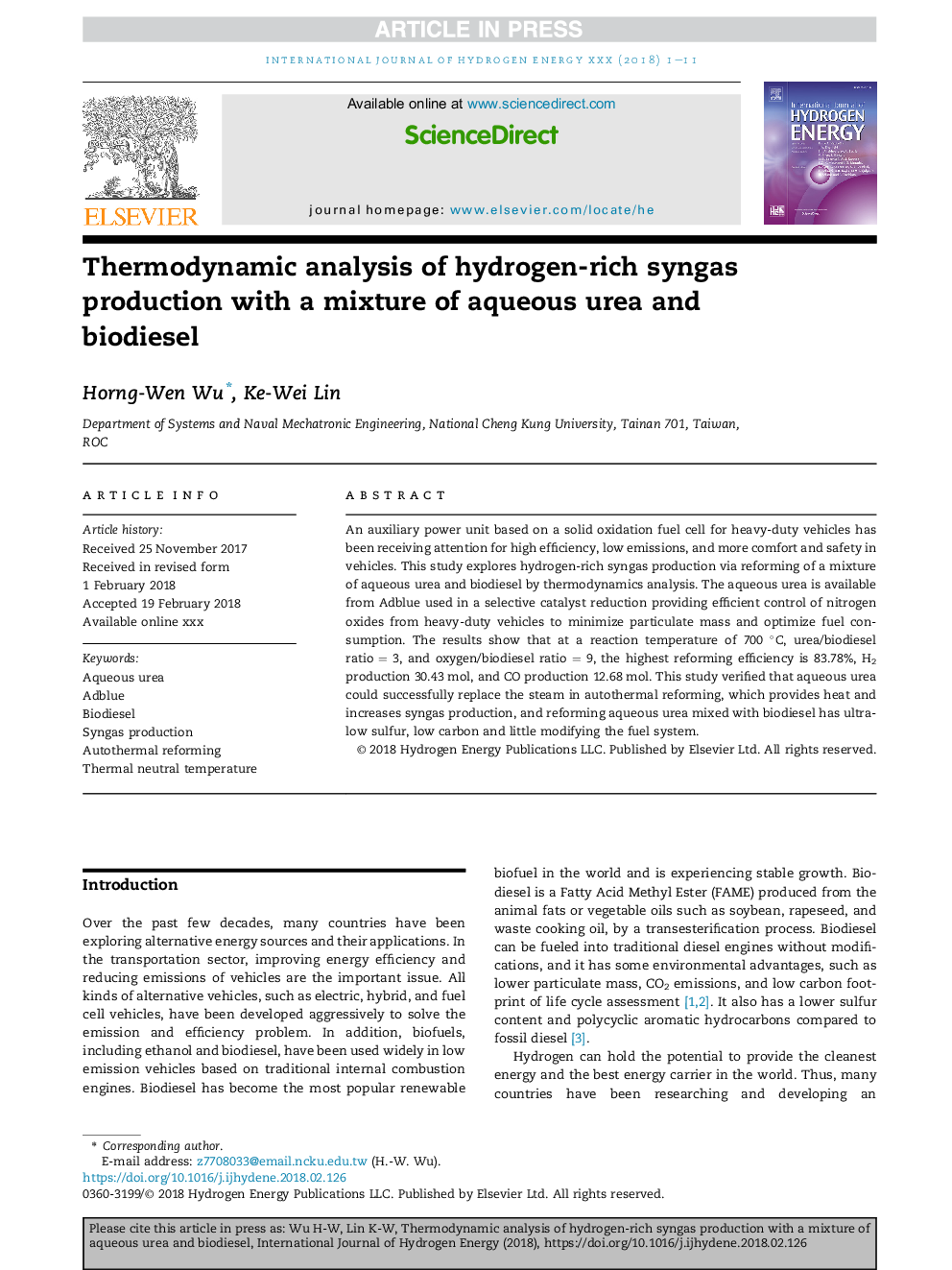 Thermodynamic analysis of hydrogen-rich syngas production with a mixture of aqueous urea and biodiesel