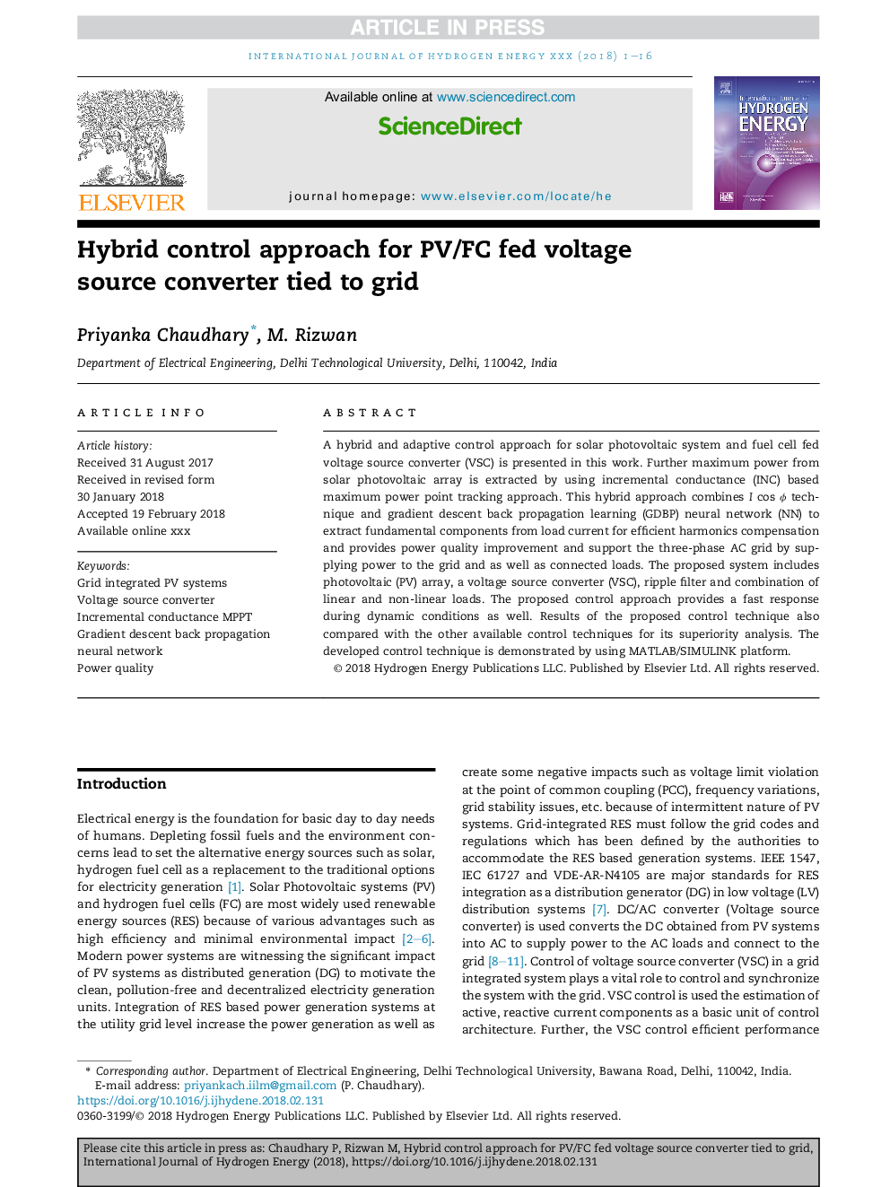 Hybrid control approach for PV/FC fed voltage source converter tied to grid